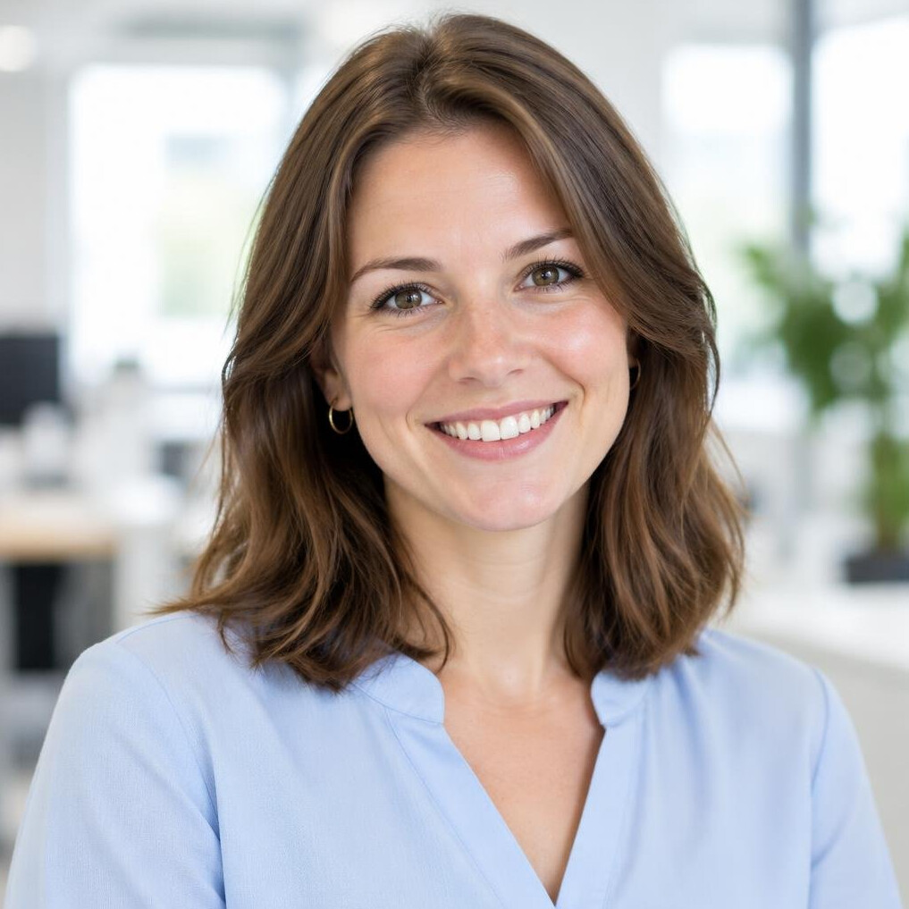 Portrait of a smiling young German woman with shoulder-length brown hair